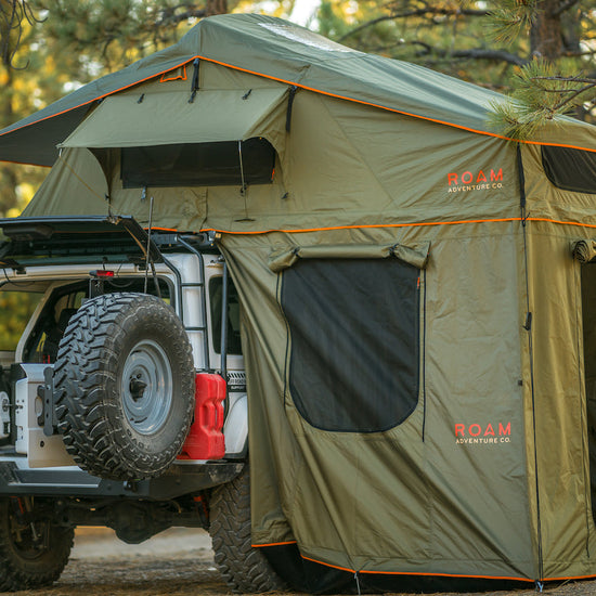 Vagabond XL Rooftop Tent on a Jeep Roubion — showing Annex Room, rainfly, skylight windows